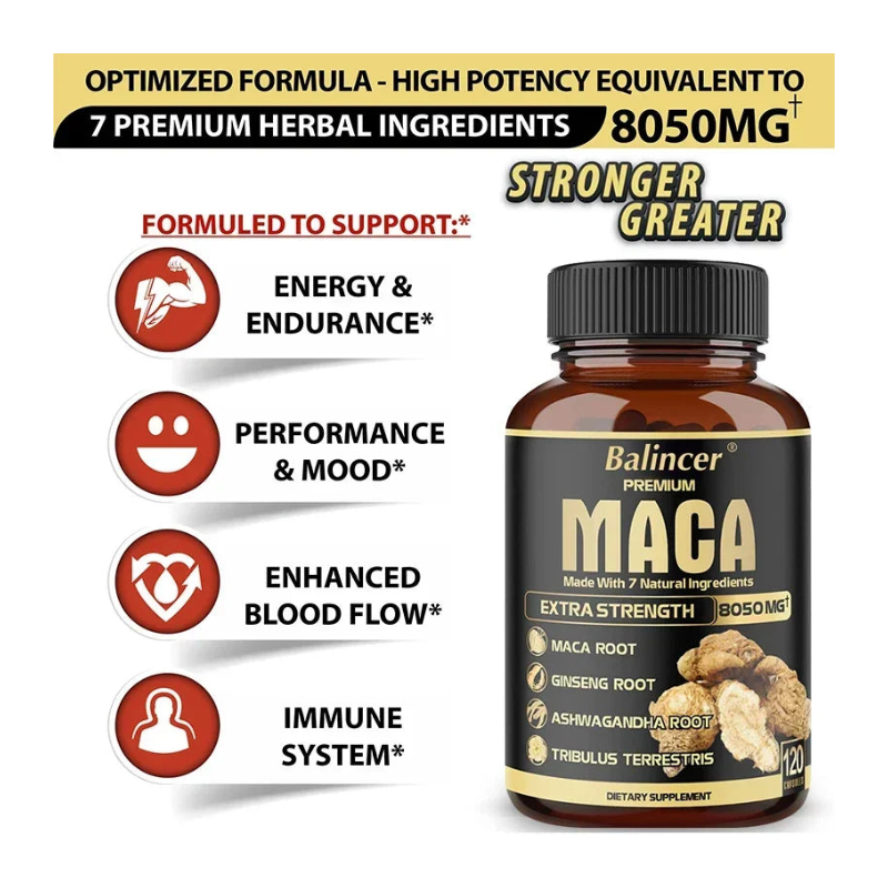 Suplemento de raíz de maca para energía, resistencia y vitalidad diaria: apoyo adaptógeno natural