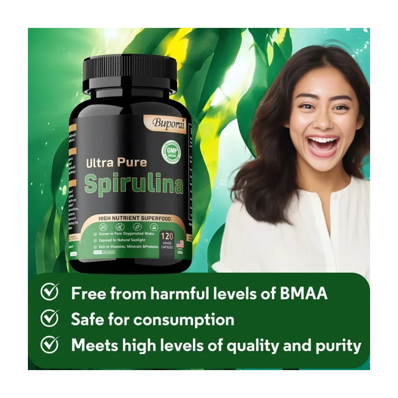 Suplemento de espirulina orgánica: nutrición pura y apoyo diario para la desintoxicación.