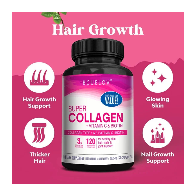 Suplemento de colágeno con vitamina C y biotina que favorece el cabello, la piel y las uñas.