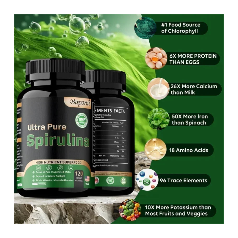Suplemento de espirulina orgánica: nutrición pura y apoyo diario para la desintoxicación.