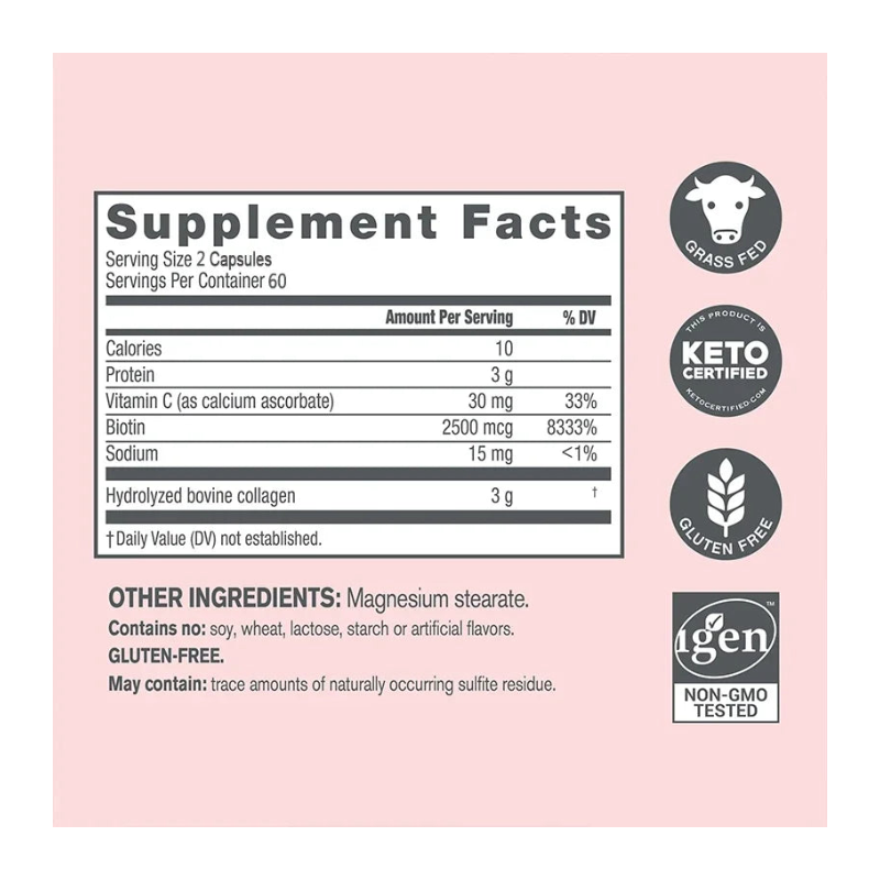 Suplemento de colágeno con vitamina C y biotina que favorece el cabello, la piel y las uñas.