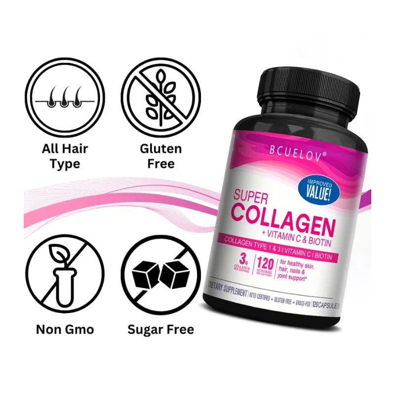 Suplemento de colágeno con vitamina C y biotina que favorece el cabello, la piel y las uñas.