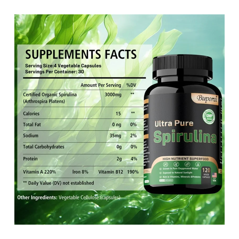 Suplemento de espirulina orgánica: nutrición pura y apoyo diario para la desintoxicación.