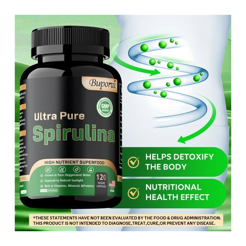 Suplemento de espirulina orgánica: nutrición pura y apoyo diario para la desintoxicación.