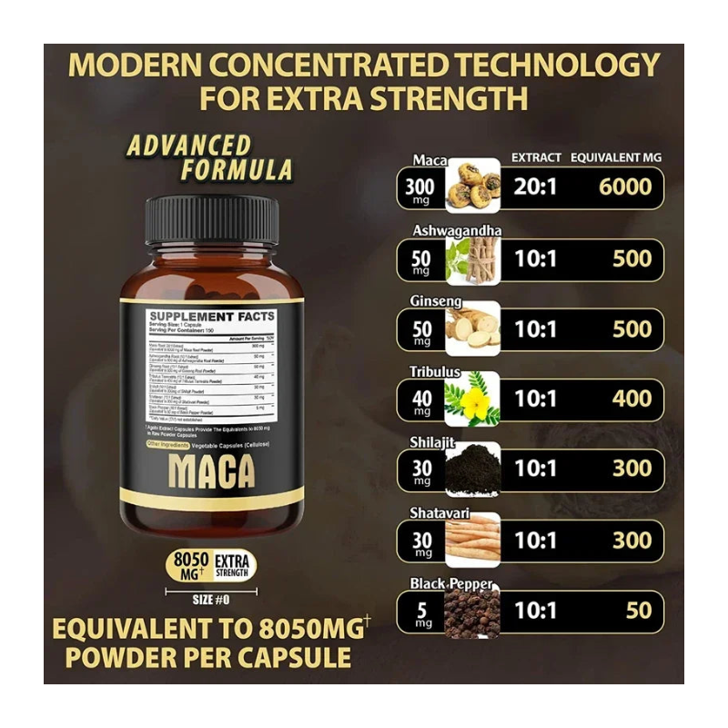 Suplemento de raíz de maca para energía, resistencia y vitalidad diaria: apoyo adaptógeno natural