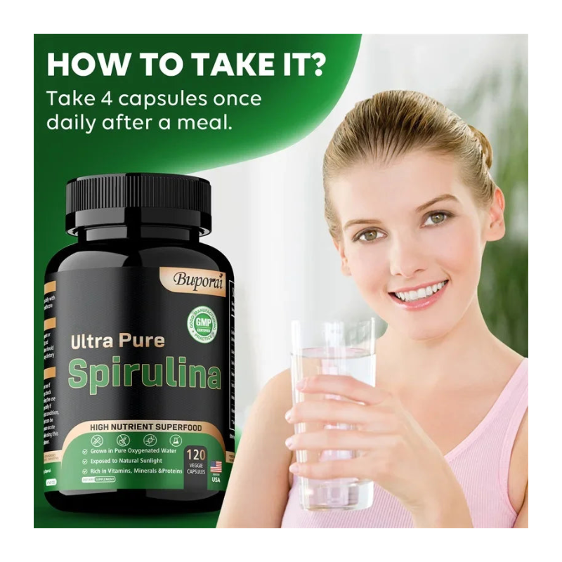 Suplemento de espirulina orgánica: nutrición pura y apoyo diario para la desintoxicación.