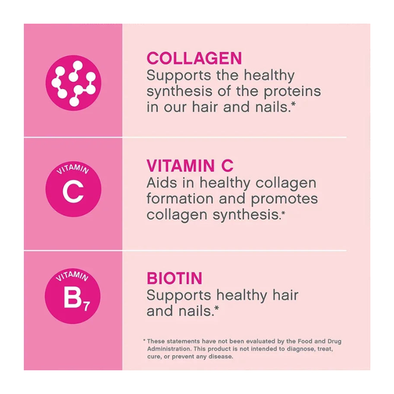 Suplemento de colágeno con vitamina C y biotina que favorece el cabello, la piel y las uñas.
